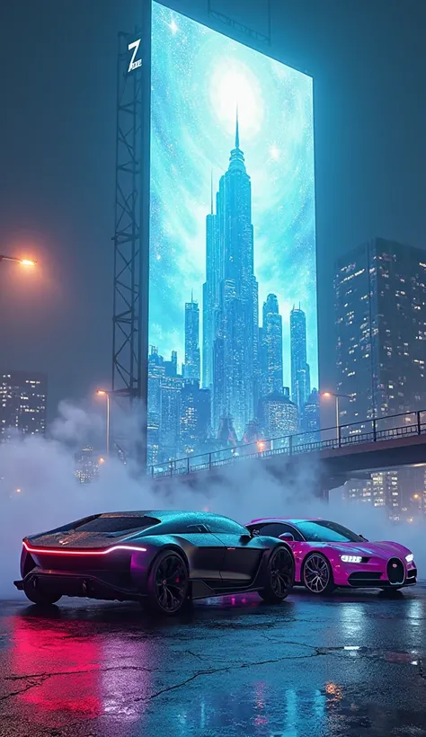 "A Tesla Cybertruck and a Bugatti Chiron parked under a glowing holographic billboard in a futuristic city at night. The Tesla’s sharp angles shine under blue neon lights, while the Bugatti’s sleek curves reflect deep purple hues. Mist and streetlights add...