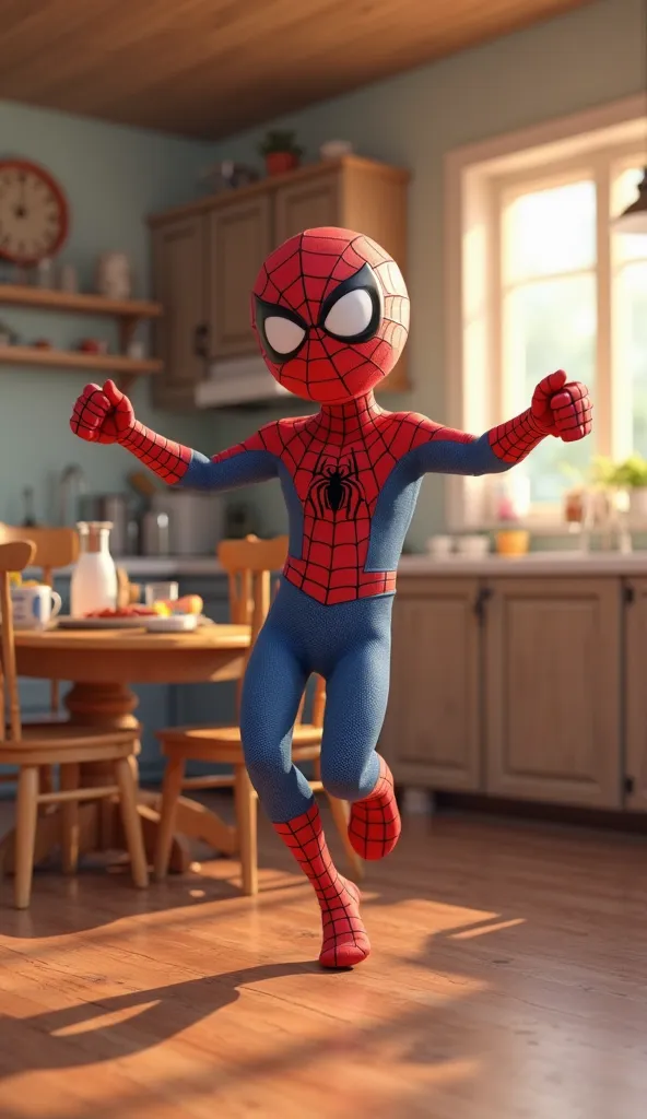 The  Spider-Man,  wings with is characteristics, is dancing animatedly in the kitchen of her house. He is wearing his full Spider-Man costume, with all the typical details, as a mask, the spider emblem and the vibrant colors. He has a smile of pure fun and...