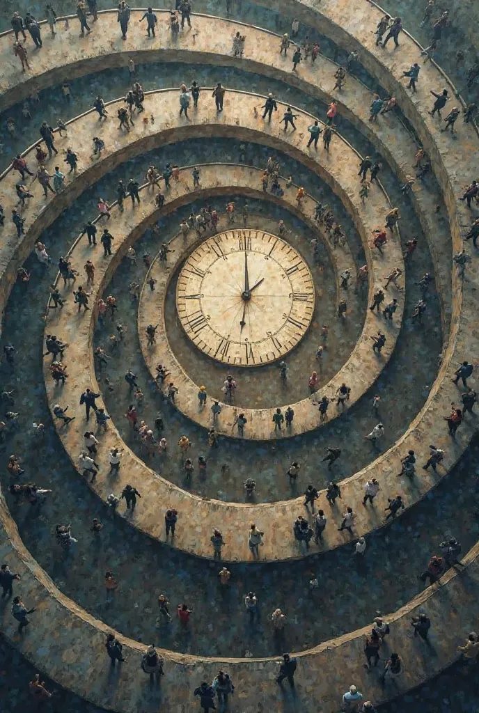 An infinite spiral of people walking in circles, following the same path without realizing it. in the center, a clock without hands represents time stopped, reflecting the feeling of being trapped in an endless cycle.  