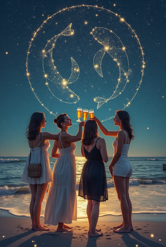 So, but the woman in the middle has very short hair and wears a summer dress.. The woman in the black dress is taller and fatter. They have to be toasting with beer. The Pisces constellation needs to look better. The entire image of the three women on the ...