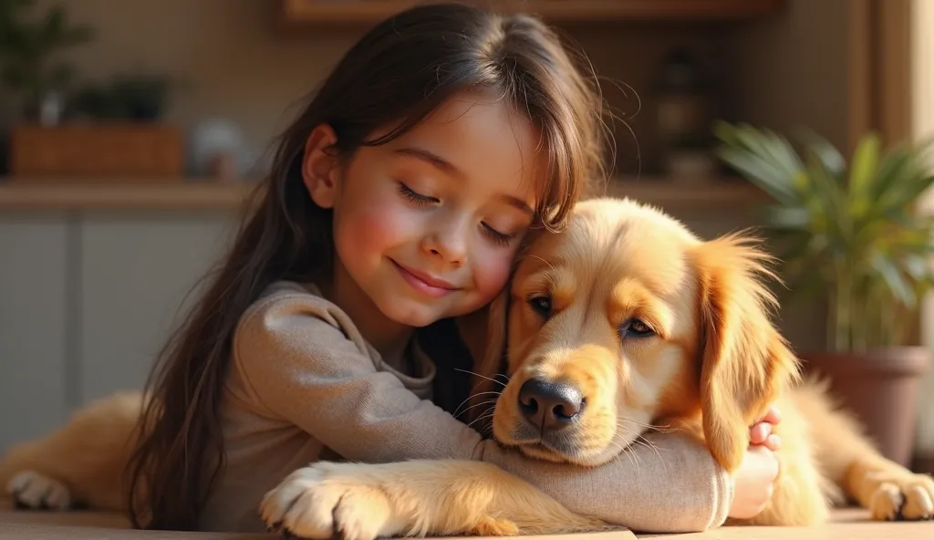 A heartwarming close-up shot of Emma, an  girl with long, straight dark brown hair, fair skin, and honey-colored eyes, wrapping her arms tightly around Chaz, her golden retriever.

Her eyes are closed, and she has a peaceful, content smile, as if finding c...