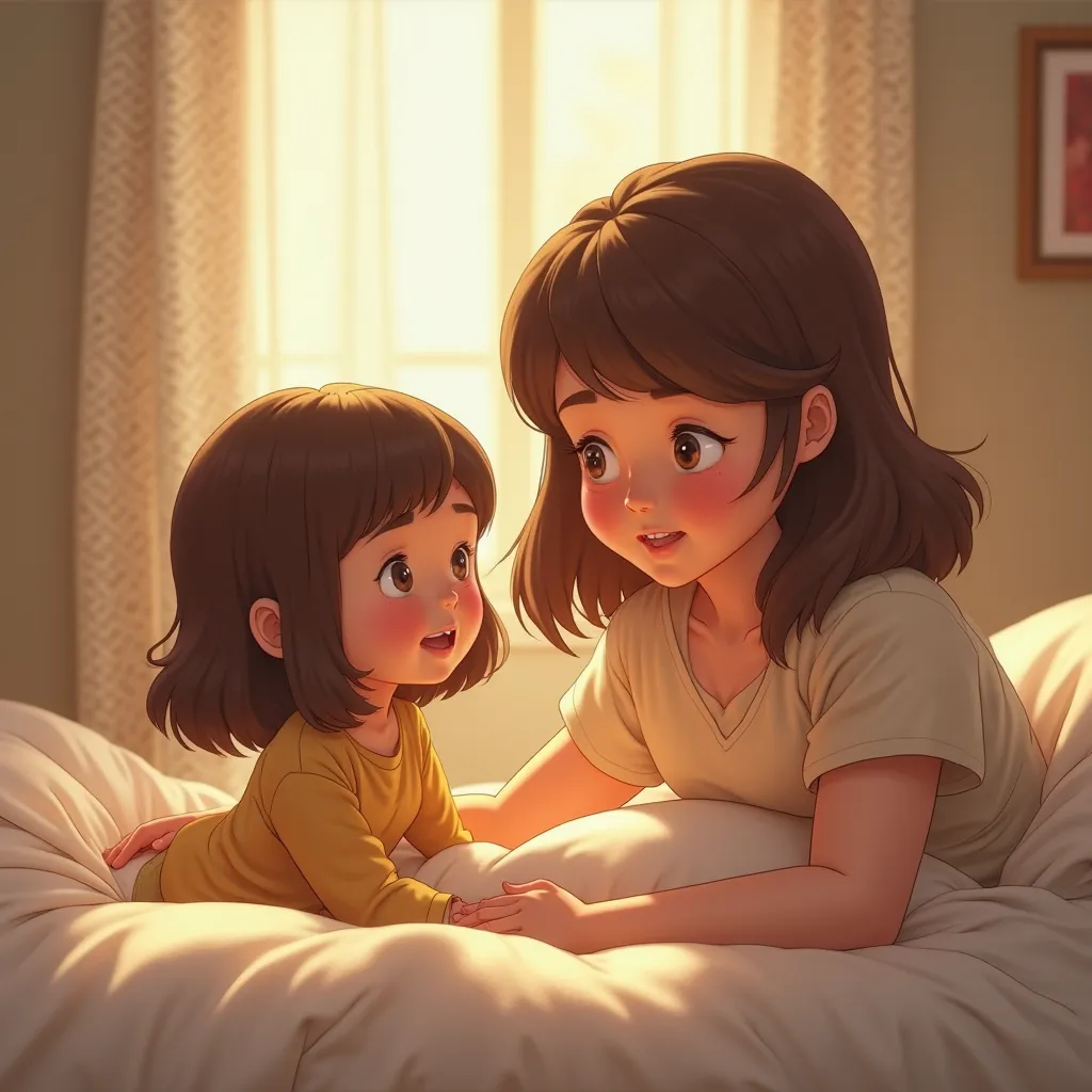 A 2- years year-old girl with shoulder-length brown hair with bangs wakes up in the morning with her mother 36 years old a blonde with shoulder-length hair.3D ANIMATED IMAGE