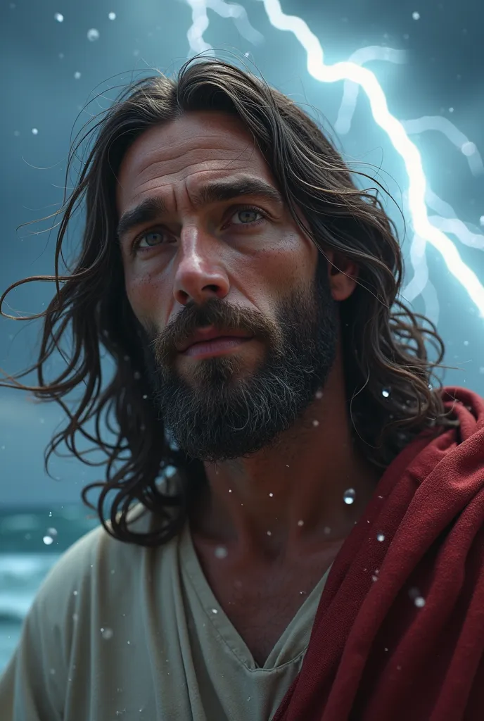 "A close up of Jesus' face in a storm setting at sea. His gaze transmits peace and trust, even with strong wind ruffling his long hair and beard. He wears a light tunic with a red cloak,  partially visible . The dramatic lighting of a lightning bolt highli...