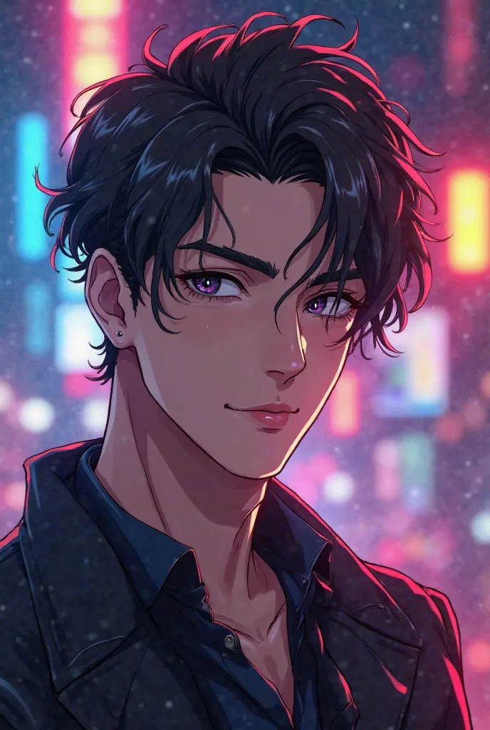 A highly detailed, ultra-realistic anime-style portrait of a handsome young male character with sharp facial features, mesmerizing eyes, and perfectly styled hair. His expression is confident and charismatic, exuding a strong yet mysterious aura. The light...