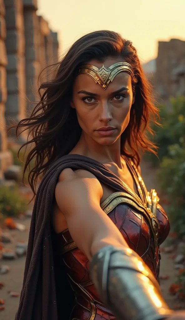 Capture from the lens of the cellphone with Wonder Woman (Gal Gadot)'s outstretched right forearm visible from the elbow in the lower right corner, capturing her pose in an ancient ruin under a twilight sky, frontal framing, face with striking features, in...