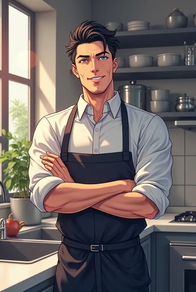 A man in a kitchen, cooking. Black hair and bleu eyes, look like a cold ceo but have a warm smile, between 28 and 35 years old. Style manga/animé 