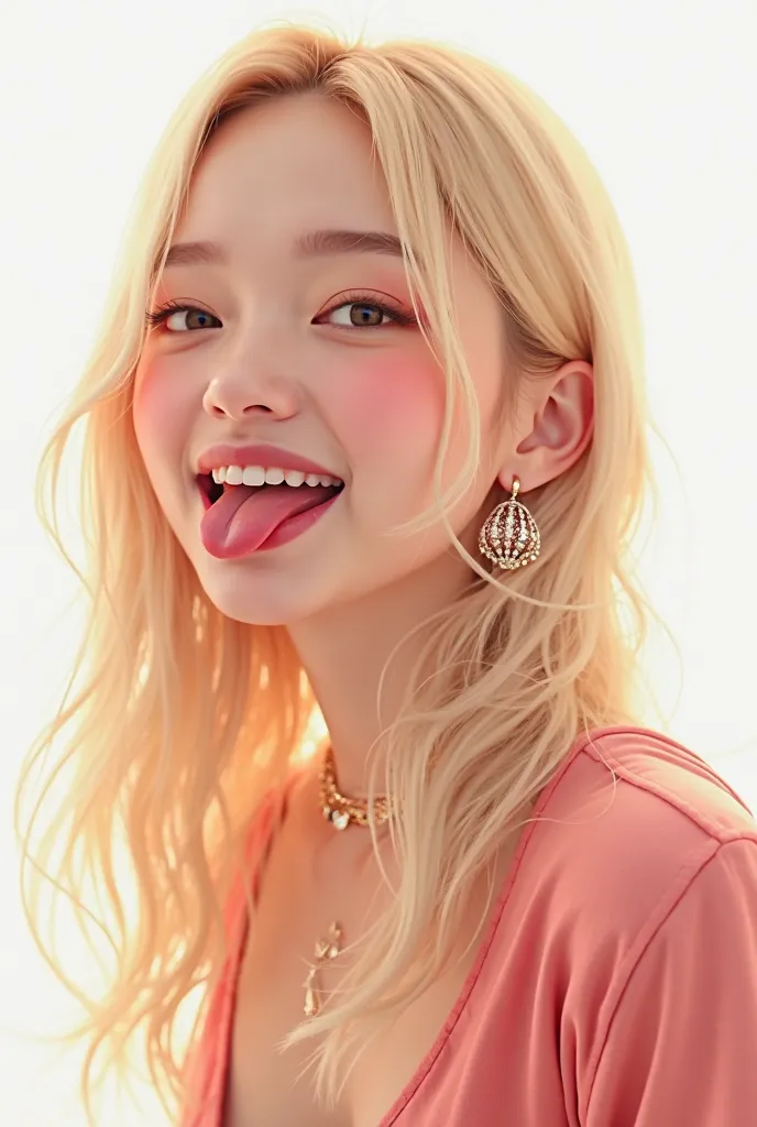 Kim Jennie idol of kpop, light blond hair, sticking out your tongue while smiling, tender, fondo blanco.