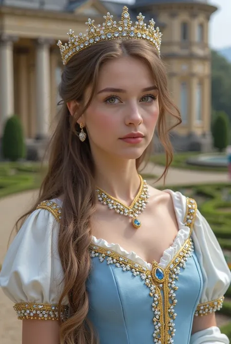 woman wearing sky blue and white medieval dress with gold details, white skin, slightly rounded face, 20 years old, green eyes, long light brown hair, pink and full lips, princess tiara with crystal stones, gold necklace set with diamond stones, in front o...