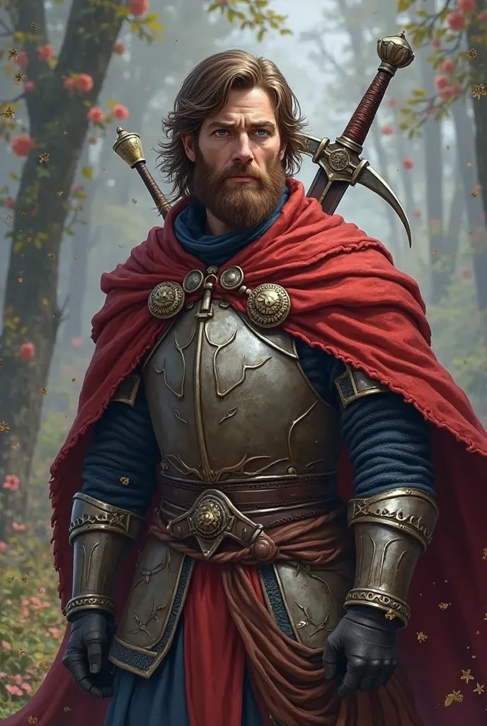 in a more hardcover style, Generate a paladin who is approximately 35 years old with brown hair and beard, blue eyes, Fair skin, And with a closed face , He is wearing medium armor with a cloak , with a sword and bow on his back