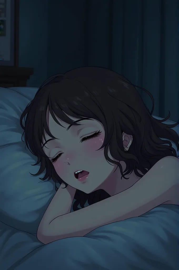 A sleeping brunette girl with her mouth open with short dark brown curly hair with brown eyes in a dark blue room 