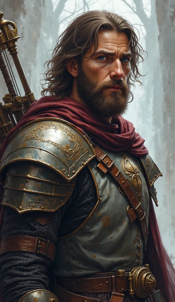 in a more hardcover style, Generate a paladin who is approximately 35 years old with brown hair and beard, blue eyes, Fair skin, And with a closed face , He is wearing medium armor with a cloak , with a sword and bow on his back