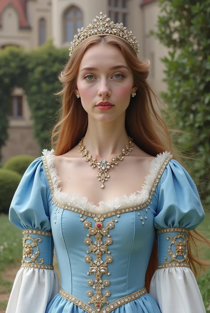 woman wearing sky blue medieval dress with white and gold details, white skin, slightly rounded face, 20 years old, green eyes, long light brown hair, pink and full lips, princess tiara with crystal stones, gold necklace studded with crystal stones, in fro...