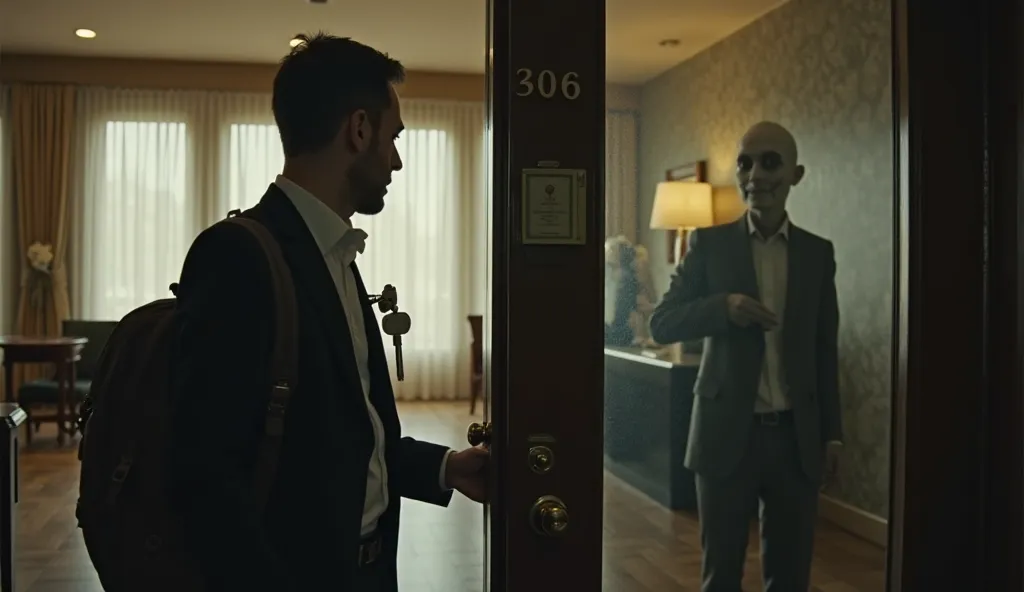 A modern-day traveler arriving at the same eerie hotel, holding the key to room 306. The hotel lobby looks normal, but in the reflection of a glass window, the pale receptionist from before is still there, watching.
