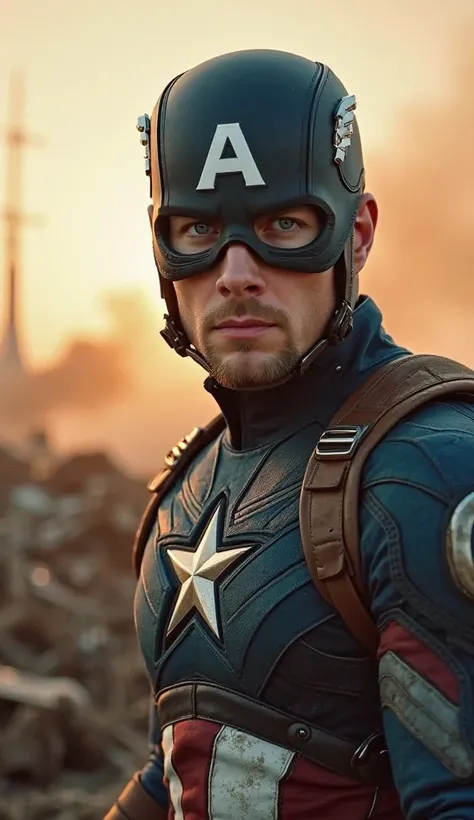 Capture from the lens of the cellphone with Captain America (Chris Evans)'s outstretched right forearm visible from the elbow in the lower right corner, capturing his pose on a battlefield at dawn, frontal framing, face with short blonde hair, intense blue...