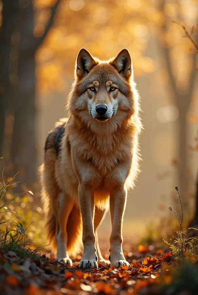 Ultra-realistic 4K photograph of a rare golden wolf standing in a sunlit forest. Its thick fur is a stunning mix of deep gold, light brown, and cream tones, with individual strands visible in intricate detail. The wolf’s amber eyes shine with intelligence ...