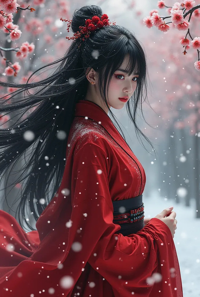 Background cherry blossom snowstorm,Red Sommelier,Japanese,girls,black hair fluttering in the wind for a very long time,Narrow eyes,black eyeshadow,A ,