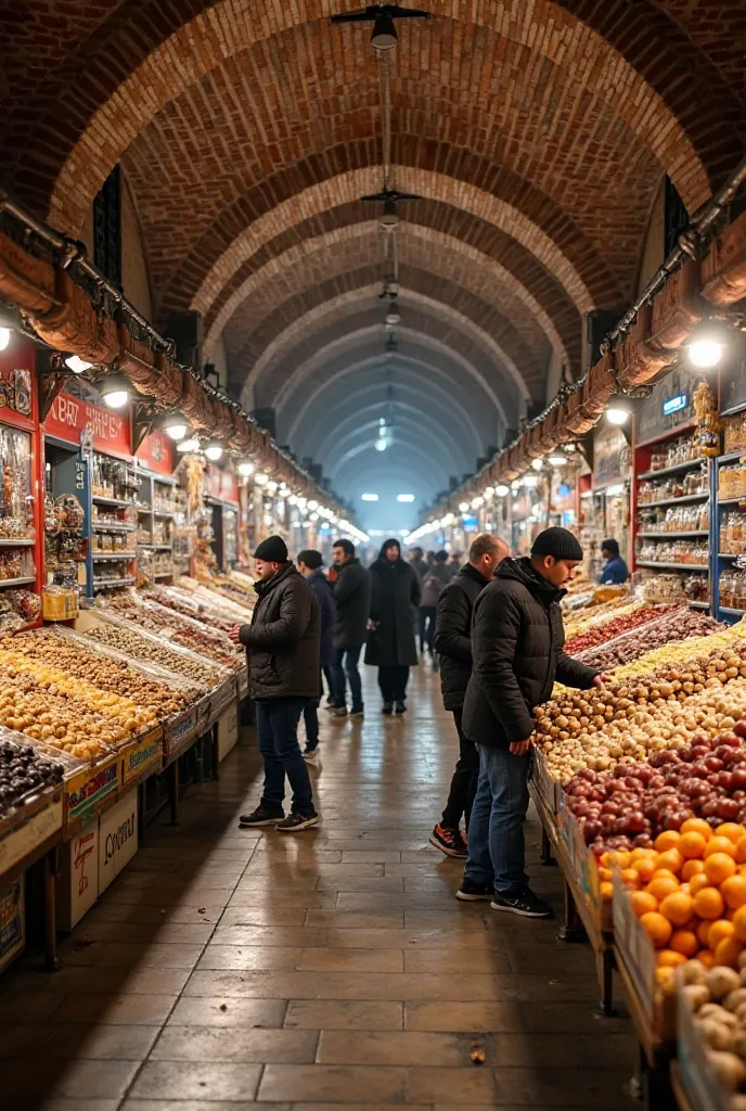 A lively and bustling market in Tabriz, Iran, in the days leading up to Nowruz. Shoppers are seen buying nuts, sweets and dried fruit. Traditional Azerbaijani sweets such as Shekarbora and Pakhlava are on display. The historic brick vaults of Tabriz Bazaar...