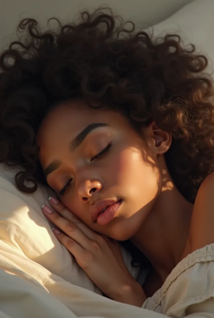 Beautiful 19-year-old black girl with curly dark brown hair sleeping with her mouth open  