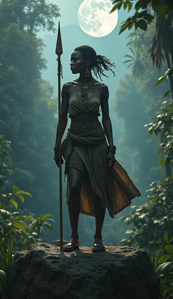 "In the deep rainforest of Jamaica, Nanny of the Maroons is standing on a rock, observing the forest with a penetrating gaze. His silhouette is shaped against a full moon that illuminates the scene with a silver glow. His dark skin shines with the sweat of...