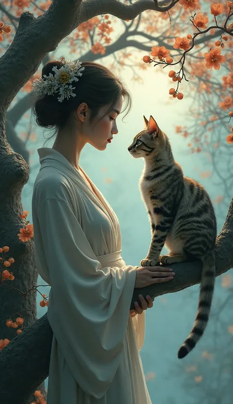 Woman and cat、Enlarged view of a cat on a branch, Mysterious Cats、 fantasy digital art , 4K Fly Style, fantasy art, Dream Art , Spring Goddess, digital art fantasy art, very beautiful fantasy art, Oriental Art Nouveau, very illuminating a beautiful piece o...