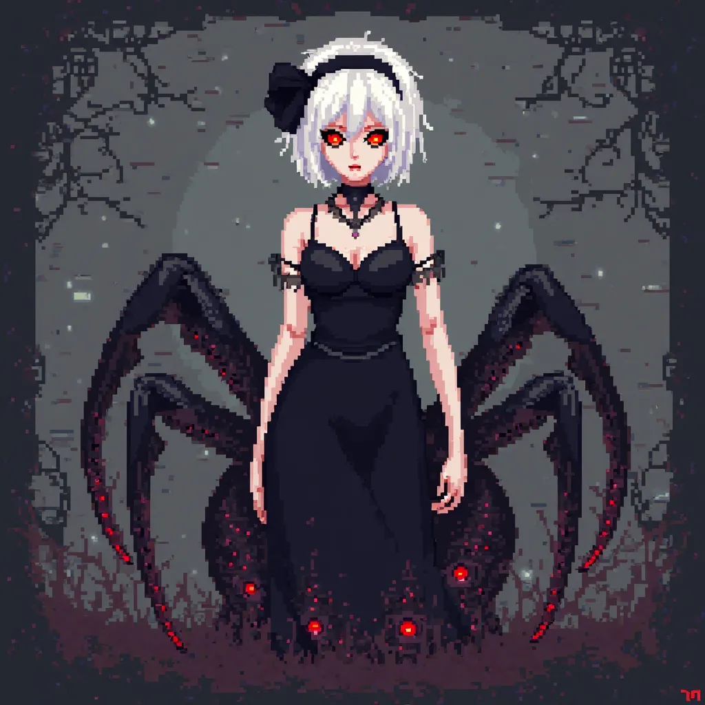  pixel art,white short hair, red eyes,black dress, black headband ,Spider lower body,best quality