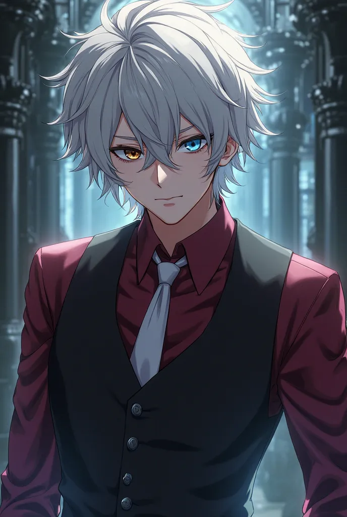 Play an anime character with white hair a burgundy dress shirt and a black vest with eyes with hectero color left eye brown and right blue with a serious face MAN