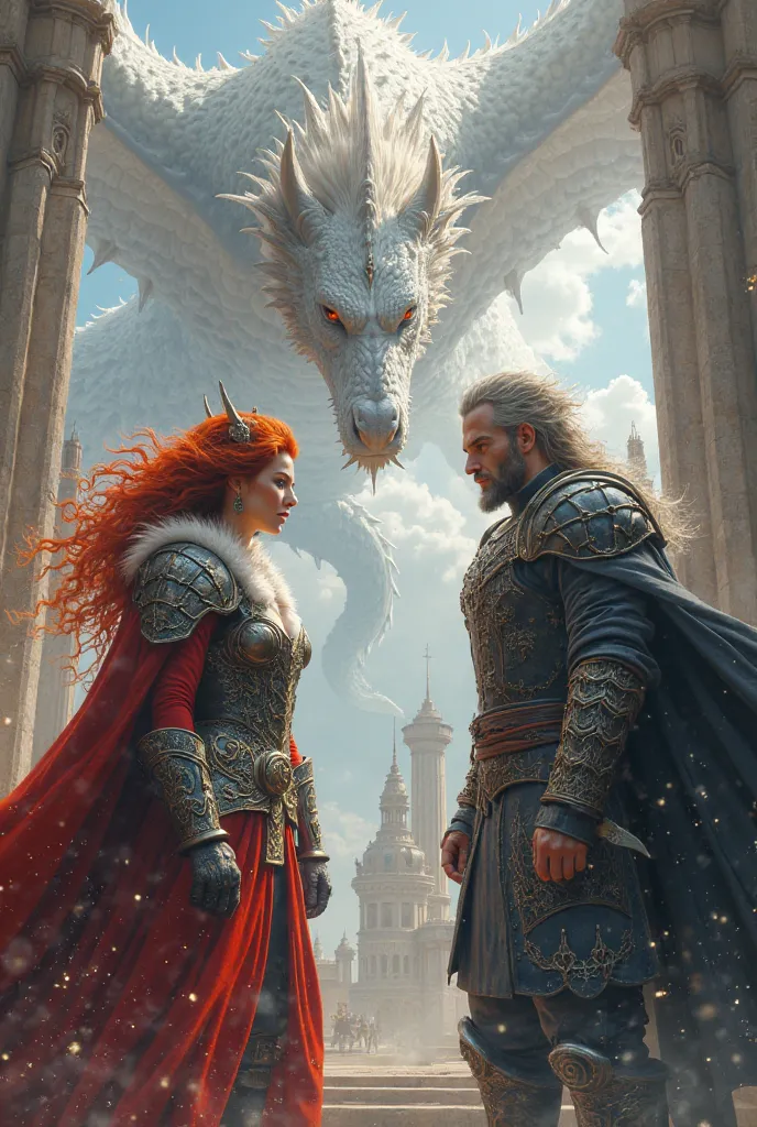 A red-haired woman queen of dragons fighting head-to-head with a king's warrior,  for vengeance and in the sky a white dragon, In medieval times.