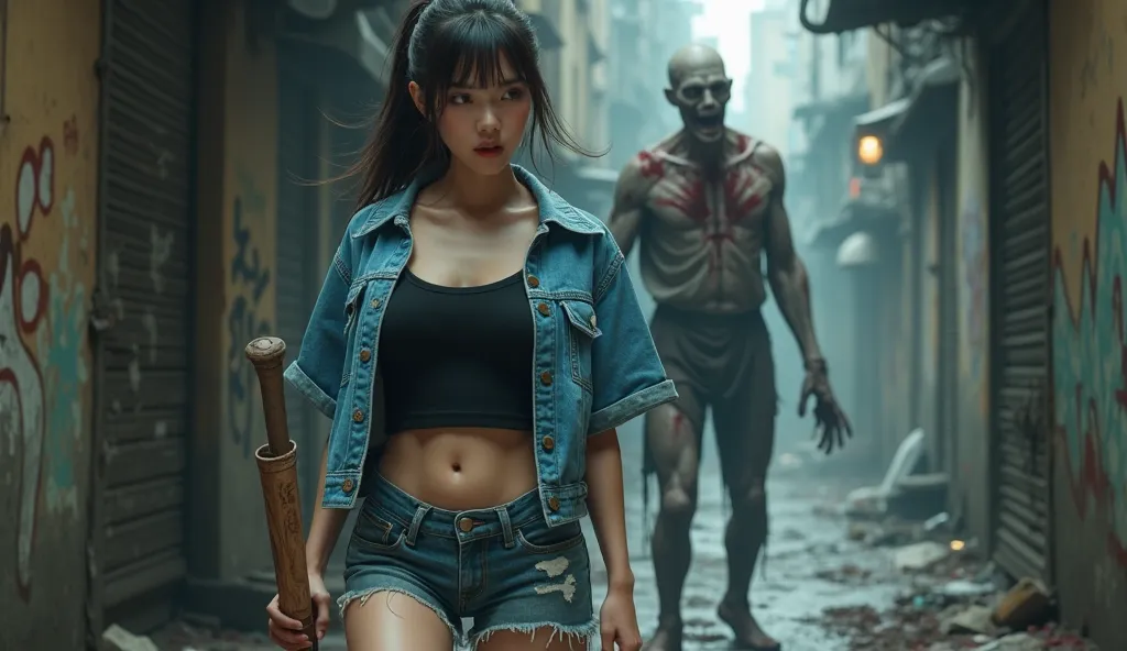 Realistic images、   Korean beauty   , Highly realistic 8k photo,asian korean girl, white skin, ponytail long hair with bangs , wearing blue jeans jacket with black tanktop cleavage, short pants jeans, in the dirty Street, holding a baseball bat, scared, th...