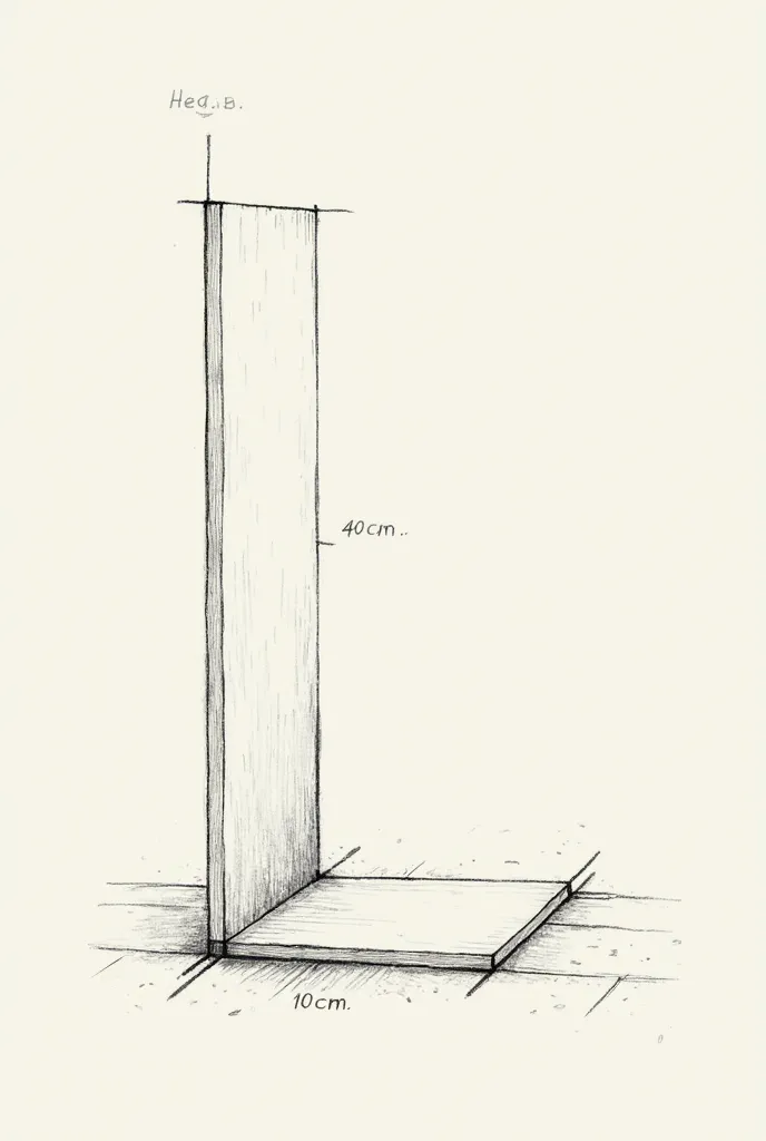 draw on the left side a vertical rectangle 10 cm high and 4 cm wide joined to a square 5 cm high by 5 cm wide with the upper right corner and the lower left corner flat without a point. both geometric shapes are at the same level of the ground embedded at ...