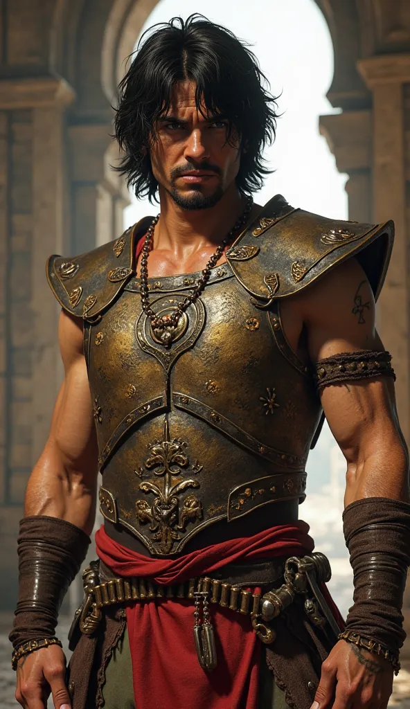 The image depicts the character known as the Prince from the Prince of Persia. The Prince, a weathered, dark-haired man, stands with a stern expression. His hair is shoulder-length, and dark, with some dishevelment, and he has a trimmed goatee. His eyes ar...