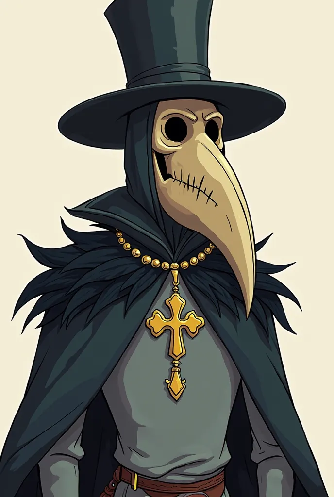 Cartoon plague Doctor in 3/4 profile. Grey tunic. Gold necklace. Gold, silver, and wood cross hanging from necklace is visible above tunic. Large mask extending forwards. Black feather cloak and top hat. 