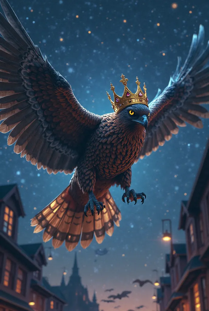 Falcon with a king's crown. Impressive in a night sky and several buildings with lights on at night