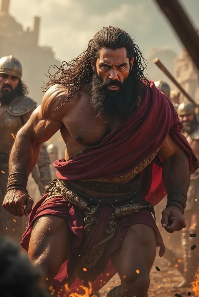 Reproduce an ultra-realistic cinematic 4K image depicting Samson with long, loose hair. He is battling Philistines. Incorporate detailed biblical historical elements around the character. His facial expression conveys anger and fury. He is dressed in authe...