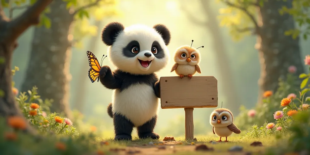 Standing close happy panda cub in the forest holding a sign with nothing written, Butterfly with a head and an owl cub on the shoulder
