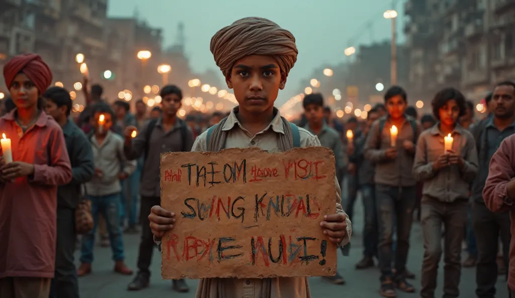 Create a cinematic image of a 10 to 15-year-old Punjabi  leading a protest against the infamous serial killer Javed Iqbal. The , dressed in traditional Punjabi attire, stands at the forefront of a determined crowd, holding a hand-painted sign with bold, em...