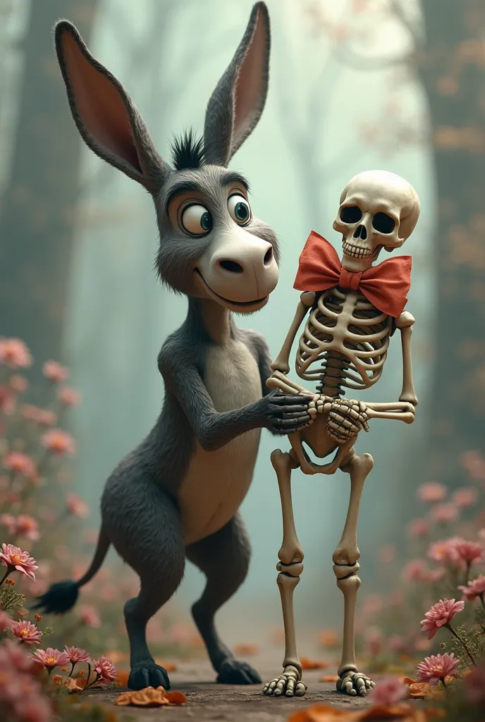 Donkey holding a skeleton with a bow
