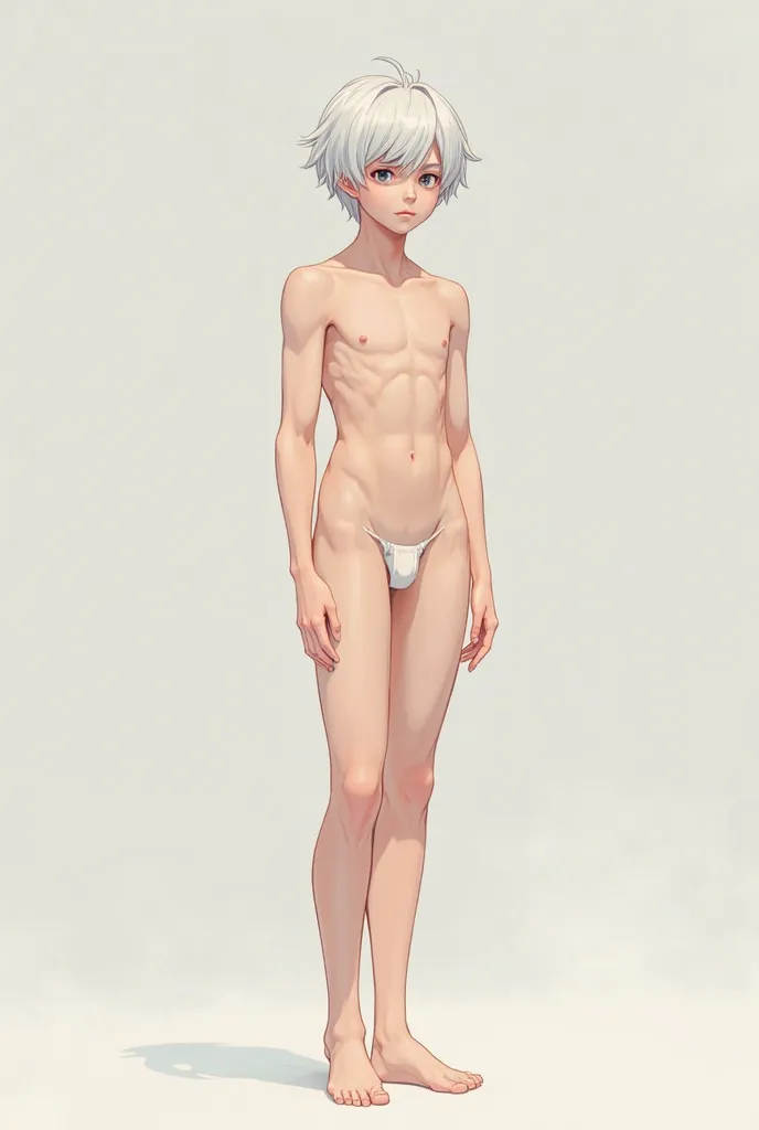 A white-haired anime-style boy, but simply muscular naked without any clothes
