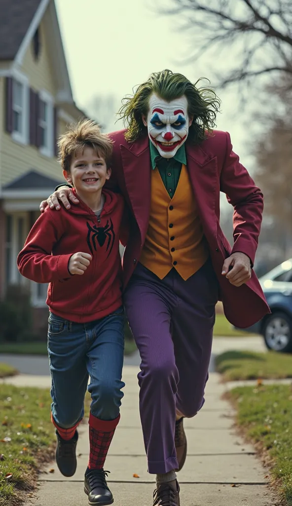 THE JOKER IS RUNNING AROUND TOWN WITH A BOY IN HER LAP AND THAT BOY IS THE SON OF SPIDER-MAN,THE BOY IS SCARED HE WEARS A SPIDER-MAN OUTFIT WITHOUT THE MASK,THE JOKER HAS A GHOULISH SMILE, THE SENARY FUND IS A TYPICAL AMERICAN HOUSE 