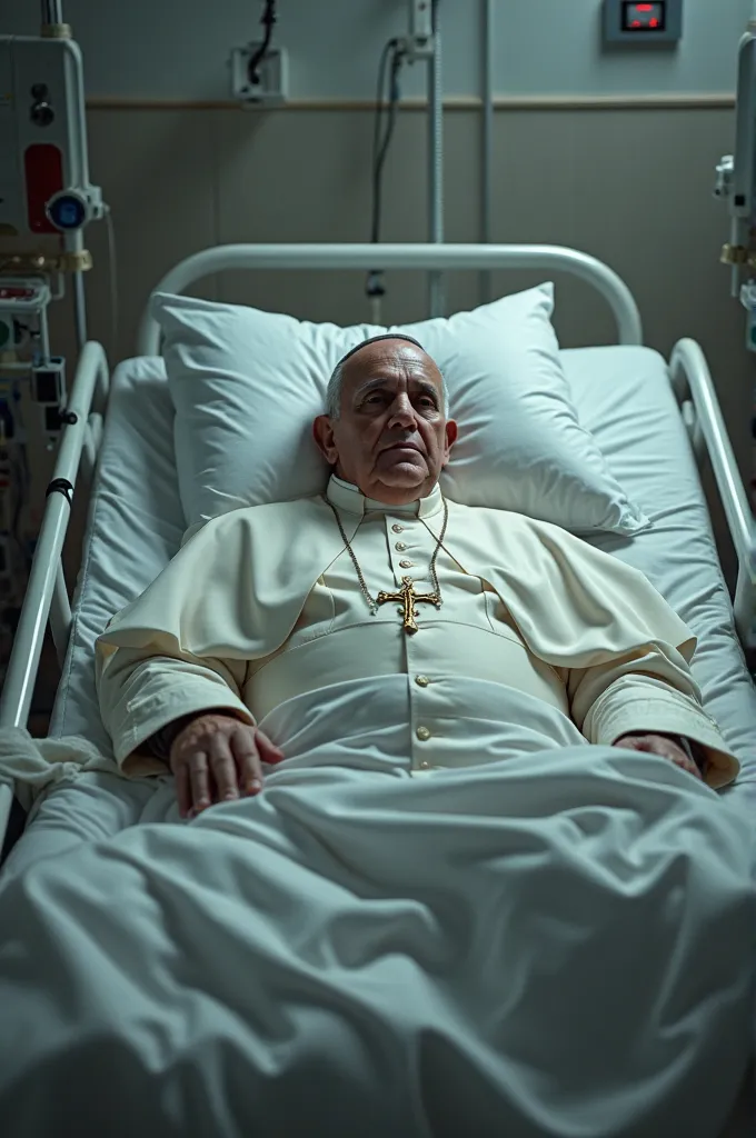 Create an Image of Pope Francis Lying on a Hospital Stretcher breathing through devices 