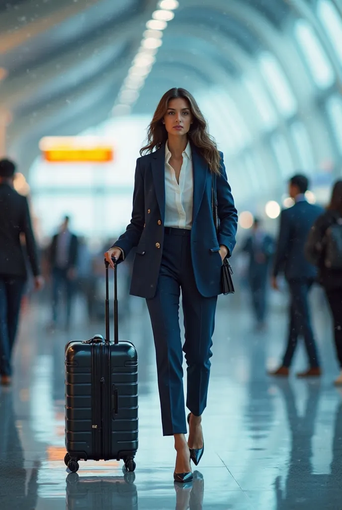 An elegant, sophisticated lady at the airport, wearing a , suitcase, to be noticed EU is an airport in a major city, colors that predominate cobalt blue and silver gray