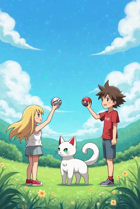 A short girl with long blond hair and green eyes and a tall boy with brown hair and brown eyes both throw a pokeball to capture a white cat with one green eye and the other blue 