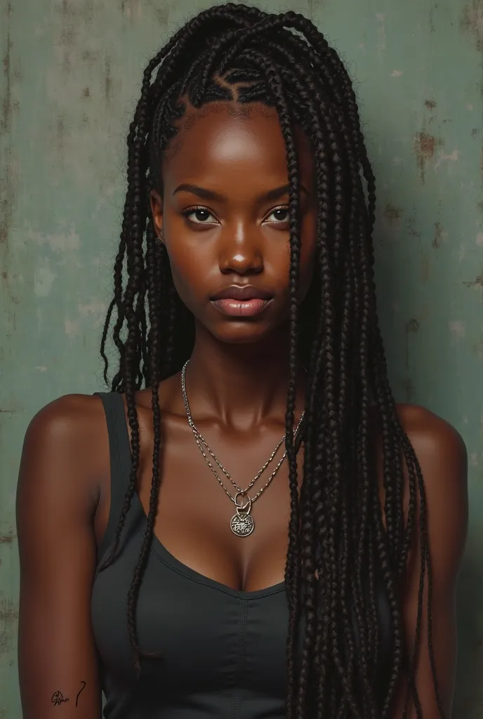 Appearance: The individual has dark skin, and their hair is styled in braids.

Clothing and Attire: They are wearing a dark-colored tank top. It appears they also have a necklace with a pendant. 