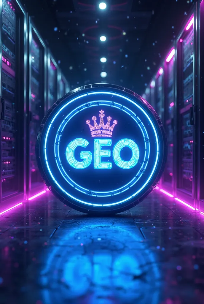 server background with purple lights, in front of a circle with blue neon lights, Inside the the word Geo, with a crown in the G, A heart above the O, And all the word about a skateboard