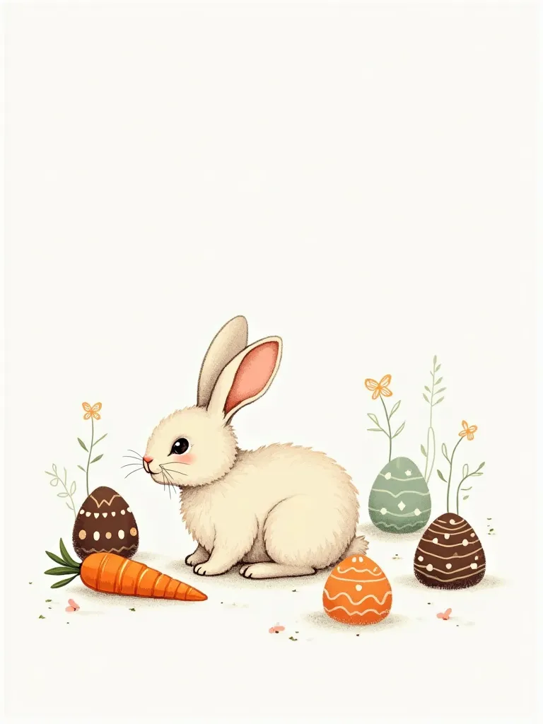 cute minimalist vintage drawing, in thin and delicate lines, of a cute little bunny with an orange carrot and chocolate eggs, in a white blackground 