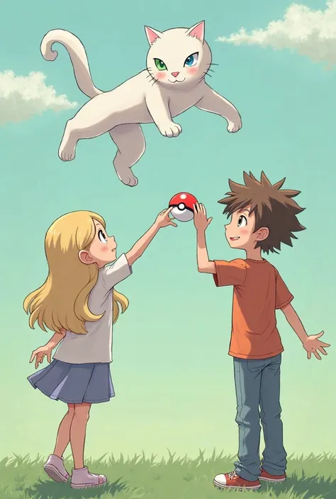 A girl with long blond hair and a boy with brown hair and brown eyes and taller than the girl both launch the same Pokebal, And that Pokeball is in the air addressing a white cat with a green eye and a blue eye