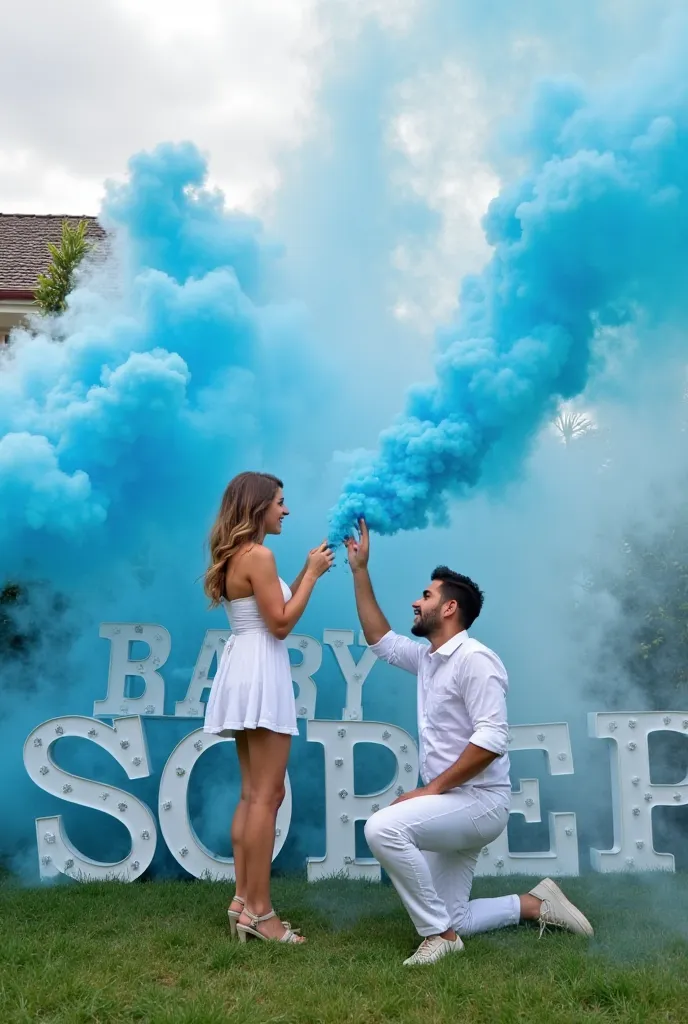 A COUPLE, a woman and a man, they are at the center of a large display of blue and white smoke.  The woman, with a fair complexion and youthful appearance, wears a short white dress, and the man,  also young , wears clothes of a similar color.  Both seem e...