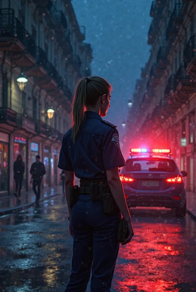 Illustration of a Spanish policewoman with dark blond hair tied in a ponytail on the street, at night and with red and blue lights in the background