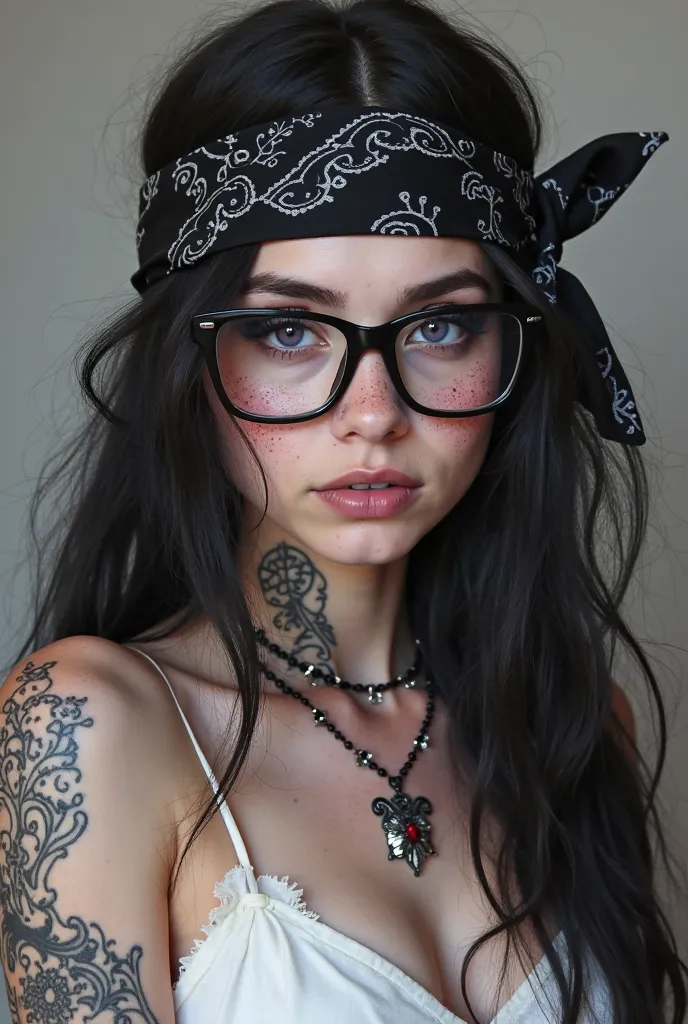 Make me a profile picture. A girl should wear black white with long hair. Have black tattoos on her face. Have a black bandana on your face. Wear black cube glasses. Eye color purple.Your dress should be a white top.