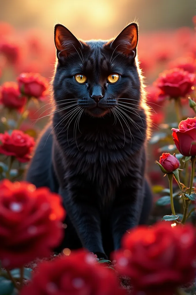 real image of masculine black cat in a red roses field, and red roses petals sparkling, and it’s sunny 