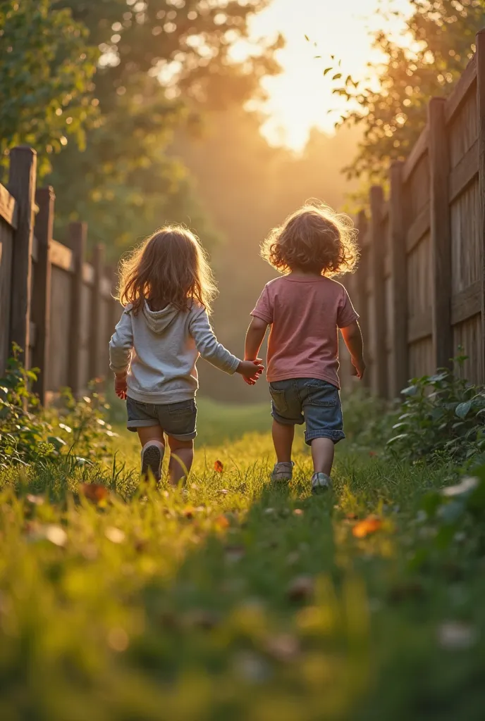 a young boy and girl playing in a fenced backyard, full of lush greenery and warm sunlight, trapped and seeking adventure, realistic detailed portrait, 8K, ultra-detailed, photorealistic, HDR,naturallight,vivid colors,bokeh